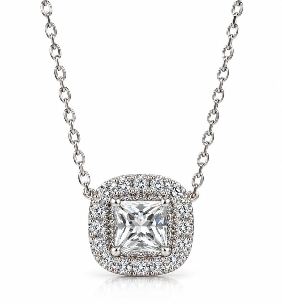 Cushion Cut Halo Necklace | 925 Silver Dipped in Gold